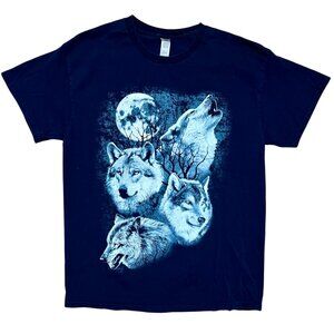 Three Wolves & The Moon Navy Blue & White Graphic T-Shirt, Men's Medium